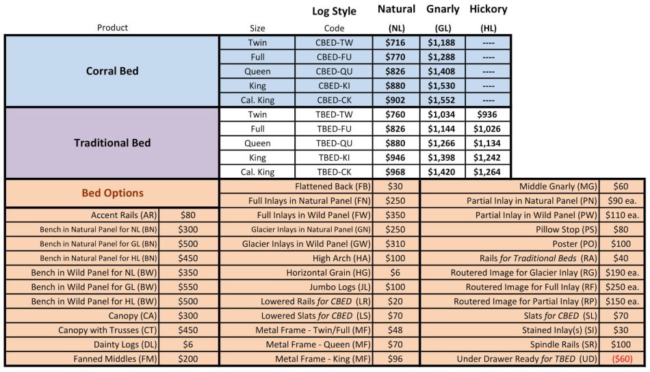 Log Corral Bed Pricing Information